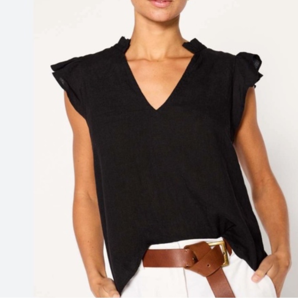 Brochu Walker Ruffled Sleeves Black Linen Top EUC Size Small